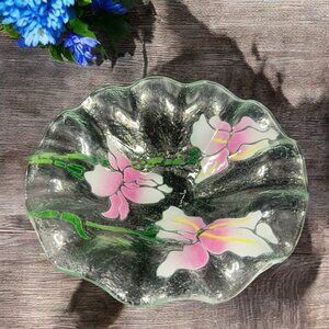 Fused Art Glass Bowl Dish Hand Made Artist Signed Wavy Edges Pink Flowers Design